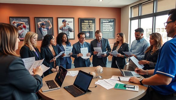 A professional setting at the Texas Rangers Academy, showcasing a parent conference focused on player development. In the foreground, a diverse group of parents in professional attire engage in discussion with youth coaches and trainers, holding development reports featuring skill evaluations, progress charts, and mentorship feedback. The middle ground features a round table with printed materials, laptops open, and a baseball prominently displayed. In the background, large windows allow natural light to illuminate the room, while framed posters of successful players and motivational quotes enhance the atmosphere. The overall mood is collaborative and supportive, emphasizing a commitment to nurturing young talent. The image is well-lit, capturing a warm and inviting environment, with a slightly elevated camera angle to encapsulate the dynamic interaction.