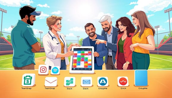 A vibrant and engaging illustration showcasing a comparison of scheduling apps suitable for youth sports. In the foreground, depict a table with various icons of popular apps like TeamSnap, Stack, and GroupMe arranged alongside email symbols. The middle ground features diverse parents, dressed in casual yet professional attire, discussing and pointing at a digital tablet displaying a colorful calendar. In the background, convey a baseball field with a bright blue sky, emphasizing an outdoor sports environment. Utilize soft, natural lighting to create an inviting atmosphere, enhancing the sense of community and teamwork. The angle should be slightly elevated, focusing on the interaction among parents while keeping the apps prominent in the scene, evoking feelings of connection and organization.