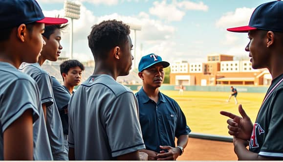 A vibrant and engaging scene capturing the essence of "academic and life skills support" in a baseball setting. In the foreground, a diverse group of young players, dressed in modest, professional athletic wear, are engaged in a focused discussion with a mentor. The mentor, an experienced coach in a baseball cap and casual shirt, gestures enthusiastically, guiding their understanding of teamwork and life lessons. In the middle ground, a baseball diamond appears, with practice equipment neatly arranged, illustrating the connection between sports and personal development. The background showcases a bright Texas sky, with faint outlines of the Texas Rangers Youth Academy buildings. The lighting is warm and inviting, emphasizing a supportive and motivational atmosphere, captured from a slightly elevated angle to create depth and detail in this inspiring educational moment.