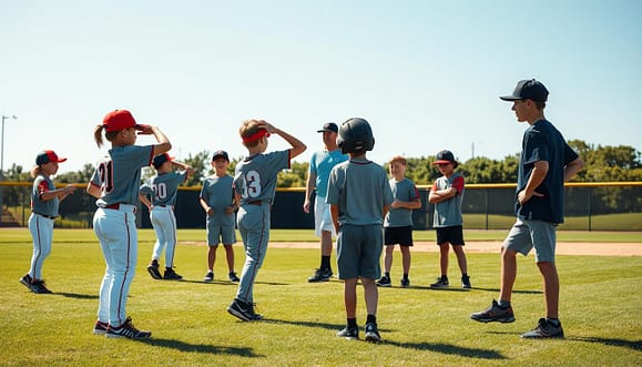 A vibrant baseball field scene showcasing a 10U baseball team during a deload week recovery session. In the foreground, young players in modest athletic attire engage in stretching and light exercises, reflecting a focus on workload management. In the middle ground, a coach observes and provides guidance, emphasizing teamwork and strategy in a relaxed atmosphere. Background elements include a lush green outfield and a clear blue sky, suggesting a sunny day perfect for outdoor activities. Soft, natural lighting illuminates the scene, creating a warm and inviting mood, while a shallow depth of field blurs the background slightly, keeping the focus on the players and coach. The overall composition conveys collaboration, care, and the importance of recovery in youth sports. A vibrant baseball field scene showcasing a 10U baseball team during a deload week recovery session. In the foreground, young players in modest athletic attire engage in stretching and light exercises, reflecting a focus on workload management. In the middle ground, a coach observes and provides guidance, emphasizing teamwork and strategy in a relaxed atmosphere. Background elements include a lush green outfield and a clear blue sky, suggesting a sunny day perfect for outdoor activities. Soft, natural lighting illuminates the scene, creating a warm and inviting mood, while a shallow depth of field blurs the background slightly, keeping the focus on the players and coach. The overall composition conveys collaboration, care, and the importance of recovery in youth sports.
