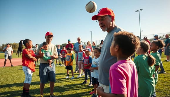 A vibrant baseball practice scene, focusing on a YMCA volunteer baseball coach engaging with a group of diverse young players and their attentive parents. In the foreground, the enthusiastic coach, a middle-aged man in a YMCA cap and casual athletic wear, gestures expressively while explaining a drill. Surrounding him, attentive children in colorful jerseys practice catching a baseball, showing eagerness and joy. In the background, parents stand along the sidelines, some taking notes or discussing strategies, embodying a supportive community atmosphere. The setting is a sunny baseball field with green grass and a clear blue sky, enhanced by warm afternoon light to create a cheerful and encouraging mood, captured with a slightly low-angle perspective to emphasize the coach's leadership role. A vibrant baseball practice scene, focusing on a YMCA volunteer baseball coach engaging with a group of diverse young players and their attentive parents. In the foreground, the enthusiastic coach, a middle-aged man in a YMCA cap and casual athletic wear, gestures expressively while explaining a drill. Surrounding him, attentive children in colorful jerseys practice catching a baseball, showing eagerness and joy. In the background, parents stand along the sidelines, some taking notes or discussing strategies, embodying a supportive community atmosphere. The setting is a sunny baseball field with green grass and a clear blue sky, enhanced by warm afternoon light to create a cheerful and encouraging mood, captured with a slightly low-angle perspective to emphasize the coach's leadership role.
