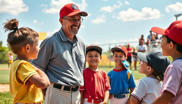 A vibrant youth baseball scene capturing positive coaching moments. In the foreground, a diverse group of children aged 8-12, wearing colorful baseball uniforms, eagerly listens to a smiling coach, a middle-aged man in a modest polo and cap, demonstrating a batting technique. The coach's engaging body language conveys encouragement and support. In the middle ground, another child practices throwing with a teammate, showcasing teamwork and determination. The background features a sunny baseball field with a clear blue sky, lush green grass, and parents in the stands cheering with pride. Soft, warm lighting enhances the cheerful atmosphere, with a focus on the joyful expressions of both the kids and the coach. The scene embodies a growth mindset, positivity, and the spirit of youth sports. A vibrant youth baseball scene capturing positive coaching moments. In the foreground, a diverse group of children aged 8-12, wearing colorful baseball uniforms, eagerly listens to a smiling coach, a middle-aged man in a modest polo and cap, demonstrating a batting technique. The coach's engaging body language conveys encouragement and support. In the middle ground, another child practices throwing with a teammate, showcasing teamwork and determination. The background features a sunny baseball field with a clear blue sky, lush green grass, and parents in the stands cheering with pride. Soft, warm lighting enhances the cheerful atmosphere, with a focus on the joyful expressions of both the kids and the coach. The scene embodies a growth mindset, positivity, and the spirit of youth sports.