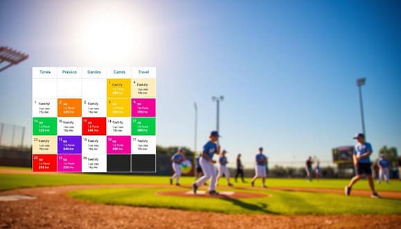 A vibrant youth baseball season schedule and calendar displayed prominently, capturing the excitement of the Texas Rangers Youth Academy. In the foreground, a neatly organized calendar grid with colorful blocks representing practice sessions, games, and travel dates. Icons for baseball equipment (bats, balls, gloves) subtly integrated into each block. In the middle ground, a baseball field setting, with players in modest casual baseball attire engaged in practice; their expressions showing enthusiasm and focus. The background features a clear blue sky with soft, golden sunlight illuminating the scene, enhancing a joyful atmosphere. The composition should evoke a sense of community and teamwork, with no text or branding visible, focusing solely on the season's structure and activities. A vibrant youth baseball season schedule and calendar displayed prominently, capturing the excitement of the Texas Rangers Youth Academy. In the foreground, a neatly organized calendar grid with colorful blocks representing practice sessions, games, and travel dates. Icons for baseball equipment (bats, balls, gloves) subtly integrated into each block. In the middle ground, a baseball field setting, with players in modest casual baseball attire engaged in practice; their expressions showing enthusiasm and focus. The background features a clear blue sky with soft, golden sunlight illuminating the scene, enhancing a joyful atmosphere. The composition should evoke a sense of community and teamwork, with no text or branding visible, focusing solely on the season's structure and activities.