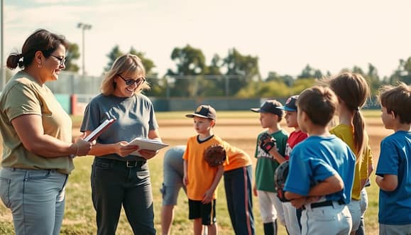 A warm and inviting scene at a youth baseball field, showcasing parent volunteers engaging with young players. In the foreground, a small group of parents, dressed in modest casual clothing, are gathered, discussing logistics and schedules with friendly smiles. One parent is holding a clipboard, while another gestures to a baseball glove. In the middle ground, children in colorful jerseys are practicing baseball techniques, actively listening and interacting with the parents. The background features a well-maintained baseball diamond under a bright blue sky, with soft, natural lighting creating a cheerful atmosphere. Capture a sense of community and collaboration, emphasizing communication and support, as parents and youth work together harmoniously. A warm and inviting scene at a youth baseball field, showcasing parent volunteers engaging with young players. In the foreground, a small group of parents, dressed in modest casual clothing, are gathered, discussing logistics and schedules with friendly smiles. One parent is holding a clipboard, while another gestures to a baseball glove. In the middle ground, children in colorful jerseys are practicing baseball techniques, actively listening and interacting with the parents. The background features a well-maintained baseball diamond under a bright blue sky, with soft, natural lighting creating a cheerful atmosphere. Capture a sense of community and collaboration, emphasizing communication and support, as parents and youth work together harmoniously.