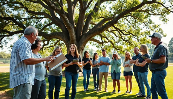 A warm, collaborative scene depicting a group of parents and youth baseball coaches engaged in a discussion under a large oak tree at a baseball field. In the foreground, two parents in smart casual clothing are pointing at a clipboard filled with notes while a coach, wearing a team jersey, listens attentively. In the middle ground, a diverse group of parents stands together, nodding in agreement, with one parent taking notes on a tablet. The background features the baseball field with bright green grass and a clear blue sky, symbolizing a supportive environment. Soft, natural light filters through the leaves, creating a welcoming atmosphere. The overall mood conveys alignment, teamwork, and open communication among mentors and parents. A warm, collaborative scene depicting a group of parents and youth baseball coaches engaged in a discussion under a large oak tree at a baseball field. In the foreground, two parents in smart casual clothing are pointing at a clipboard filled with notes while a coach, wearing a team jersey, listens attentively. In the middle ground, a diverse group of parents stands together, nodding in agreement, with one parent taking notes on a tablet. The background features the baseball field with bright green grass and a clear blue sky, symbolizing a supportive environment. Soft, natural light filters through the leaves, creating a welcoming atmosphere. The overall mood conveys alignment, teamwork, and open communication among mentors and parents.
