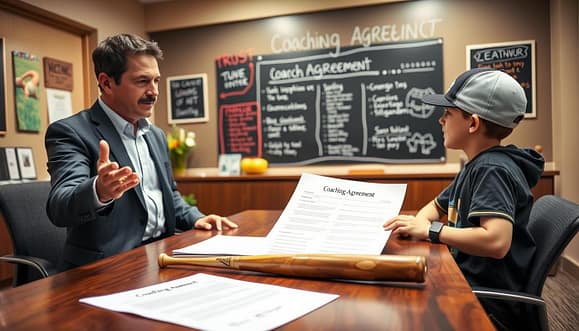 A warm, inviting office space where a youth baseball coach and a young player are engaged in a mentoring session. In the foreground, the coach, a middle-aged individual in a smart casual outfit, gestures enthusiastically towards a printed "Coaching Agreement" document laid out on the table. The young player, dressed in a baseball cap and casual sportswear, listens attentively. In the middle ground, a baseball bat and glove are placed on the table, suggesting the context of the mentoring. The background features a chalkboard with baseball strategies sketched out and motivational posters related to teamwork and trust. The lighting is soft and focused, creating a positive and nurturing atmosphere that highlights the importance of guidance and safeguarding in youth mentorship programs. The image should convey a sense of encouragement and professionalism. A warm, inviting office space where a youth baseball coach and a young player are engaged in a mentoring session. In the foreground, the coach, a middle-aged individual in a smart casual outfit, gestures enthusiastically towards a printed "Coaching Agreement" document laid out on the table. The young player, dressed in a baseball cap and casual sportswear, listens attentively. In the middle ground, a baseball bat and glove are placed on the table, suggesting the context of the mentoring. The background features a chalkboard with baseball strategies sketched out and motivational posters related to teamwork and trust. The lighting is soft and focused, creating a positive and nurturing atmosphere that highlights the importance of guidance and safeguarding in youth mentorship programs. The image should convey a sense of encouragement and professionalism.