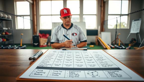 A well-organized and detailed weekly practice plan for youth baseball, spread out on a large clipboard on a training facility's table. In the foreground, the clipboard displays neatly written timing blocks for various drills, such as warm-ups, batting practice, fielding drills, and strategy discussions. In the middle, a focused youth baseball coach in professional sports attire, holding a pen, is analyzing the plan, with a whiteboard visible behind, featuring diagrams of baseball plays. The background showcases a bright training room filled with baseball equipment—bats, gloves, and balls—bathed in natural light from large windows. The atmosphere is energetic yet structured, reflecting the dedication to effective youth coaching and training. A well-organized and detailed weekly practice plan for youth baseball, spread out on a large clipboard on a training facility's table. In the foreground, the clipboard displays neatly written timing blocks for various drills, such as warm-ups, batting practice, fielding drills, and strategy discussions. In the middle, a focused youth baseball coach in professional sports attire, holding a pen, is analyzing the plan, with a whiteboard visible behind, featuring diagrams of baseball plays. The background showcases a bright training room filled with baseball equipment—bats, gloves, and balls—bathed in natural light from large windows. The atmosphere is energetic yet structured, reflecting the dedication to effective youth coaching and training.