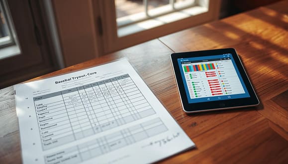 A well-organized baseball tryout scoring sheet rests on a wooden table, its grid lines meticulously filled with numerical evaluations and handwritten notes. Beside it, a sleek digital tablet displays a vibrant app interface for player assessment, with colorful graphs and checkboxes. In the background, soft natural lighting filters through a nearby window, casting gentle shadows and creating an inviting atmosphere. The scene is captured from a slightly elevated angle, giving a comprehensive view of both the traditional paper scoring sheets and the modern tablet, suggesting a blend of methodologies in youth baseball evaluations. The overall mood is professional and focused, emphasizing the importance of accurate performance tracking during tryouts. A well-organized baseball tryout scoring sheet rests on a wooden table, its grid lines meticulously filled with numerical evaluations and handwritten notes. Beside it, a sleek digital tablet displays a vibrant app interface for player assessment, with colorful graphs and checkboxes. In the background, soft natural lighting filters through a nearby window, casting gentle shadows and creating an inviting atmosphere. The scene is captured from a slightly elevated angle, giving a comprehensive view of both the traditional paper scoring sheets and the modern tablet, suggesting a blend of methodologies in youth baseball evaluations. The overall mood is professional and focused, emphasizing the importance of accurate performance tracking during tryouts.