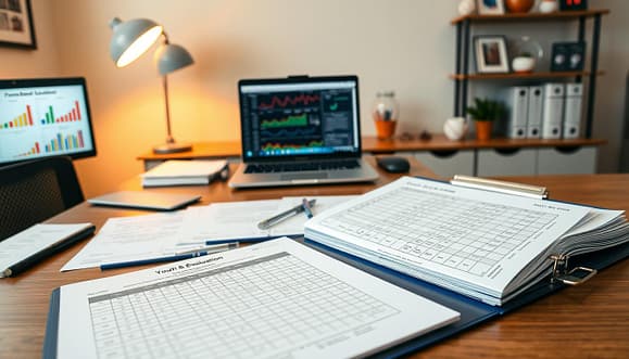 A well-organized office desk featuring youth baseball evaluation forms spread out, showcasing various scoring rubrics and templates. In the foreground, focus on a transparent binder filled with neatly arranged, colorful evaluation forms, pens, and a clipboard, giving a sense of organization and transparency. The middle ground includes soft lighting that creates a warm, inviting atmosphere, with a laptop displaying graphs and statistics about player assessments. In the background, a shelf decorated with baseball memorabilia and family photos adds a personal touch. The scene captures a professional yet friendly mood, emphasizing the importance of parent involvement and transparent evaluation in youth sports. The angle is slightly above the desk, providing a clear view of the forms to enhance accessibility and engagement. A well-organized office desk featuring youth baseball evaluation forms spread out, showcasing various scoring rubrics and templates. In the foreground, focus on a transparent binder filled with neatly arranged, colorful evaluation forms, pens, and a clipboard, giving a sense of organization and transparency. The middle ground includes soft lighting that creates a warm, inviting atmosphere, with a laptop displaying graphs and statistics about player assessments. In the background, a shelf decorated with baseball memorabilia and family photos adds a personal touch. The scene captures a professional yet friendly mood, emphasizing the importance of parent involvement and transparent evaluation in youth sports. The angle is slightly above the desk, providing a clear view of the forms to enhance accessibility and engagement.