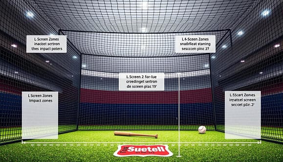 A detailed illustration of a netting gauge cage, showcasing its precise dimensions and specifications. In the foreground, depict a well-structured baseball cage with netting showcasing different gauge options. Include clear labels indicating the dimensions of impact zones and L-screen specs. The middle ground should feature baseball equipment, such as a bat and ball, to signify its use. The background consists of an indoor baseball facility, with soft, diffused lighting simulating the atmosphere of a training environment. Use a slight downward angle to capture the entire structure from a player's perspective, emphasizing safety and functionality. The overall mood should be professional and focused, reflecting the importance of proper equipment layout in sports training. A detailed illustration of a netting gauge cage, showcasing its precise dimensions and specifications. In the foreground, depict a well-structured baseball cage with netting showcasing different gauge options. Include clear labels indicating the dimensions of impact zones and L-screen specs. The middle ground should feature baseball equipment, such as a bat and ball, to signify its use. The background consists of an indoor baseball facility, with soft, diffused lighting simulating the atmosphere of a training environment. Use a slight downward angle to capture the entire structure from a player's perspective, emphasizing safety and functionality. The overall mood should be professional and focused, reflecting the importance of proper equipment layout in sports training.