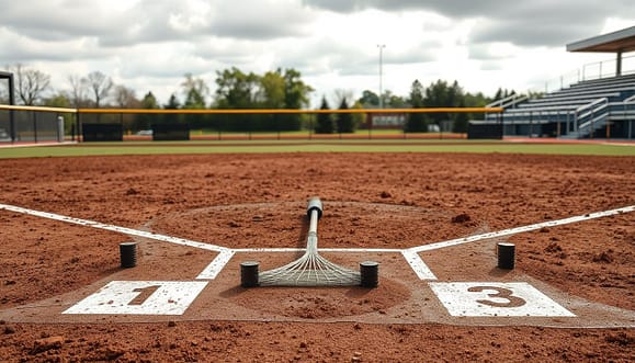A detailed outdoor practice field maintenance diagram illustrating base distances for infield setup during potential wet conditions. In the foreground, depict a well-maintained, muddy baseball diamond with clear markers showing bases (first, second, third) and pitcher's mound locations. Use bright, natural lighting to simulate the effect of a cloudy sky, casting soft shadows on the wet ground. In the middle, include tools for maintenance such as a rake, tarp, and watering can, neatly arranged and ready for use. The background should showcase a blurred view of tree line and bleachers, hinting at a lively youth sports atmosphere. Capture a mood of readiness and resilience against weather challenges, emphasizing the importance of preparation in outdoor sports settings. A detailed outdoor practice field maintenance diagram illustrating base distances for infield setup during potential wet conditions. In the foreground, depict a well-maintained, muddy baseball diamond with clear markers showing bases (first, second, third) and pitcher's mound locations. Use bright, natural lighting to simulate the effect of a cloudy sky, casting soft shadows on the wet ground. In the middle, include tools for maintenance such as a rake, tarp, and watering can, neatly arranged and ready for use. The background should showcase a blurred view of tree line and bleachers, hinting at a lively youth sports atmosphere. Capture a mood of readiness and resilience against weather challenges, emphasizing the importance of preparation in outdoor sports settings.