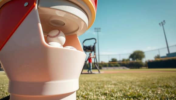 A detailed view of a baseball pitching machine hopper auto-feed system designed for youth baseball practice. The foreground features the hopper, intricately designed to hold baseballs, with a sleek, modern look and bright colors. The middle ground shows the pitching machine's mechanism, emphasizing functionality and precision, set against a backdrop of a baseball field with soft, natural grass and a clear blue sky. The lighting is bright and sunny, casting soft shadows that enhance the focus on the machine. The atmosphere is energetic, conveying a sense of excitement and practice. Capture this scene from a low angle to emphasize the size of the machine, making it the focal point of youth training.