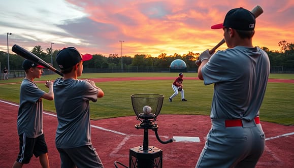 A dynamic baseball training scene at dusk featuring youth players practicing with dimple balls. In the foreground, two young athletes in modest athletic gear, focused on hitting, with one in a batting stance and the other preparing to pitch. The middle ground showcases a state-of-the-art pitching machine, seamlessly launching a dimple ball towards the batter, demonstrating the blend of technology and skill. The background captures a well-maintained baseball diamond surrounded by green grass and trees, under a colorful sunset sky that casts a warm glow on the field. The atmosphere is energetic and inspiring, highlighting a supportive training environment. Use a slightly elevated perspective to capture the action while maintaining clarity on the equipment and players' expressions.