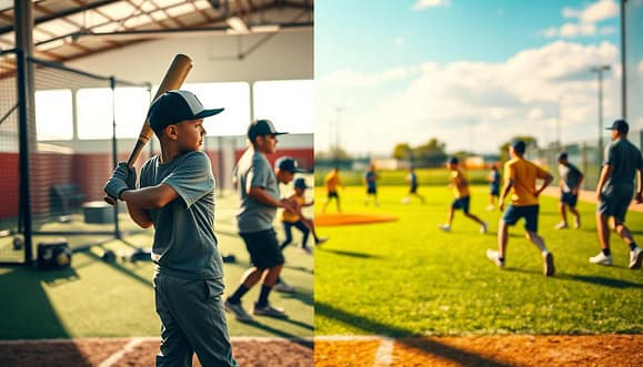 A dynamic indoor and outdoor training scene for youth baseball, showcasing a blended 8-week training plan. In the foreground, a young player in modest athletic attire practices batting with a coach guiding him. In the middle ground, a group of players is seen engaging in dynamic drills, such as fielding and base running, with training equipment scattered around. The background features a split view; on one side, a bright indoor facility with a batting cage and pitching mound, and on the other, a sunny outdoor baseball field with lush green grass and a clear blue sky. Warm, natural lighting illuminates the scene, creating an energetic and focused atmosphere, while a shallow depth of field draws attention to the players' movements and expressions. The angle is slightly elevated, providing a comprehensive view of both training environments. A dynamic indoor and outdoor training scene for youth baseball, showcasing a blended 8-week training plan. In the foreground, a young player in modest athletic attire practices batting with a coach guiding him. In the middle ground, a group of players is seen engaging in dynamic drills, such as fielding and base running, with training equipment scattered around. The background features a split view; on one side, a bright indoor facility with a batting cage and pitching mound, and on the other, a sunny outdoor baseball field with lush green grass and a clear blue sky. Warm, natural lighting illuminates the scene, creating an energetic and focused atmosphere, while a shallow depth of field draws attention to the players' movements and expressions. The angle is slightly elevated, providing a comprehensive view of both training environments.