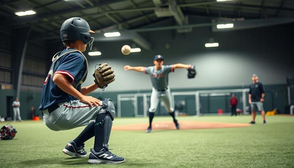 A dynamic indoor baseball training scene featuring a youth pitcher and catcher engaged in plyometric receiving drills. In the foreground, the catcher crouches in a professional athletic uniform, demonstrating precise footwork while preparing to receive a throw. The pitcher, also in a similar athletic uniform, is positioned mid-throw in the middle ground, showcasing a powerful arm extension. The background reveals a well-lit indoor facility with high ceilings, training equipment scattered around, and a coach observing the drills intently. The atmosphere is energetic and focused, capturing the intensity of an effective practice session. Soft overhead lighting highlights the动作, while the depth of field blurs the training equipment to emphasize the athletes' movements. A dynamic indoor baseball training scene featuring a youth pitcher and catcher engaged in plyometric receiving drills. In the foreground, the catcher crouches in a professional athletic uniform, demonstrating precise footwork while preparing to receive a throw. The pitcher, also in a similar athletic uniform, is positioned mid-throw in the middle ground, showcasing a powerful arm extension. The background reveals a well-lit indoor facility with high ceilings, training equipment scattered around, and a coach observing the drills intently. The atmosphere is energetic and focused, capturing the intensity of an effective practice session. Soft overhead lighting highlights the动作, while the depth of field blurs the training equipment to emphasize the athletes' movements.