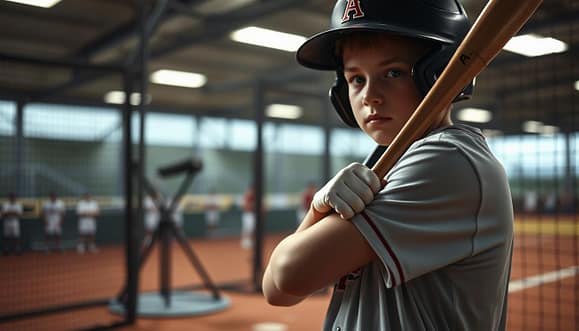A focused young athlete stands in a well-lit batting cage, wearing a professional sports uniform and a helmet, preparing to hit. The foreground showcases the detailed grip on a baseball bat, with an emphasis on technique and posture. In the middle ground, a baseball pitching machine is visible, set at an optimal angle, ready to launch balls. Soft, ambient studio lighting illuminates the scene, casting gentle shadows that enhance the athlete's determination. The background features a blurred view of other batting cages filled with distant players, hinting at an active practice atmosphere. The overall mood is one of concentration and commitment, highlighting the dedication of the player during a structured batting practice session. A focused young athlete stands in a well-lit batting cage, wearing a professional sports uniform and a helmet, preparing to hit. The foreground showcases the detailed grip on a baseball bat, with an emphasis on technique and posture. In the middle ground, a baseball pitching machine is visible, set at an optimal angle, ready to launch balls. Soft, ambient studio lighting illuminates the scene, casting gentle shadows that enhance the athlete's determination. The background features a blurred view of other batting cages filled with distant players, hinting at an active practice atmosphere. The overall mood is one of concentration and commitment, highlighting the dedication of the player during a structured batting practice session.