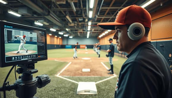 A high-tech baseball training facility featuring a radar gun and video analysis equipment prominently displayed in the foreground. The radar gun captures a fastball's speed, while a sleek monitor showcases real-time analytics from video footage of a pitcher in the bullpen lanes. In the middle ground, athletes in professional baseball attire are seen practicing their pitching techniques, with focused expressions on their faces. The background includes well-lit bullpen lanes lined with pitching mounds and colorful training equipment. Bright fluorescent lights illuminate the area, casting a vibrant, energetic atmosphere. The composition is dynamic, captured from a slightly low angle to emphasize the technology's importance in modern baseball training. A high-tech baseball training facility featuring a radar gun and video analysis equipment prominently displayed in the foreground. The radar gun captures a fastball's speed, while a sleek monitor showcases real-time analytics from video footage of a pitcher in the bullpen lanes. In the middle ground, athletes in professional baseball attire are seen practicing their pitching techniques, with focused expressions on their faces. The background includes well-lit bullpen lanes lined with pitching mounds and colorful training equipment. Bright fluorescent lights illuminate the area, casting a vibrant, energetic atmosphere. The composition is dynamic, captured from a slightly low angle to emphasize the technology's importance in modern baseball training.