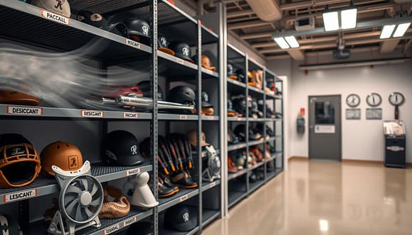 A neatly organized baseball gear storage area, showcasing various baseball equipment like gloves, bats, and helmets on sturdy, labeled shelves. In the foreground, desiccant packets and fans are strategically placed to depict moisture control, while airflow is emphasized with subtle movement lines around the equipment. The middle ground features a well-lit, climate-controlled storage unit with a clear view of temperature and humidity gauges on the wall. The background reveals a clean, modern room with bright overhead lights reflecting off a polished floor. The atmosphere is one of professionalism and functionality, conveying a commitment to maintaining equipment integrity and freshness. The image should have a warm, inviting tone, inviting viewers into an efficient organizational space. A neatly organized baseball gear storage area, showcasing various baseball equipment like gloves, bats, and helmets on sturdy, labeled shelves. In the foreground, desiccant packets and fans are strategically placed to depict moisture control, while airflow is emphasized with subtle movement lines around the equipment. The middle ground features a well-lit, climate-controlled storage unit with a clear view of temperature and humidity gauges on the wall. The background reveals a clean, modern room with bright overhead lights reflecting off a polished floor. The atmosphere is one of professionalism and functionality, conveying a commitment to maintaining equipment integrity and freshness. The image should have a warm, inviting tone, inviting viewers into an efficient organizational space.