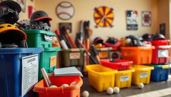 A neatly organized display of youth baseball equipment bins in a bright, well-lit room. In the foreground, several colorful plastic bins labeled with clear, bold tags containing various gear such as helmets, bats, gloves, and balls. The middle ground features a table with a detailed log book for tracking loaner gear alongside a few scattered baseballs. In the background, a soft-focus wall showcases baseball-themed décor. The lighting is warm and inviting, creating a cheerful and motivating atmosphere. The scene captures the essence of organization and preparedness for a youth baseball team, emphasizing a sense of community and teamwork. The angle is slightly angled from above to showcase the arrangement of the equipment. A neatly organized display of youth baseball equipment bins in a bright, well-lit room. In the foreground, several colorful plastic bins labeled with clear, bold tags containing various gear such as helmets, bats, gloves, and balls. The middle ground features a table with a detailed log book for tracking loaner gear alongside a few scattered baseballs. In the background, a soft-focus wall showcases baseball-themed décor. The lighting is warm and inviting, creating a cheerful and motivating atmosphere. The scene captures the essence of organization and preparedness for a youth baseball team, emphasizing a sense of community and teamwork. The angle is slightly angled from above to showcase the arrangement of the equipment.