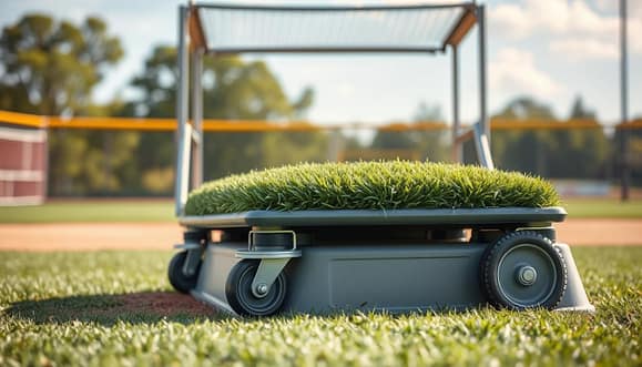 A portable pitcher's mound designed for youth sports, featuring a sturdy structure with a turf wrap, adorned in green synthetic grass for a realistic field look. The mound is equipped with durable wheels and ergonomic handles, allowing for easy transport. In the foreground, showcase the details of the mound's surface texture and the wheels. The middle ground includes a blurred backdrop of a baseball field, hinting at a sunny day with clear skies. Soft, natural lighting emphasizes the mound's features, creating a vibrant and inviting atmosphere. The angle focuses on the mound from a slightly elevated perspective, highlighting both its practicality and design. Overall, the mood is energetic and supportive of youth sports. A portable pitcher's mound designed for youth sports, featuring a sturdy structure with a turf wrap, adorned in green synthetic grass for a realistic field look. The mound is equipped with durable wheels and ergonomic handles, allowing for easy transport. In the foreground, showcase the details of the mound's surface texture and the wheels. The middle ground includes a blurred backdrop of a baseball field, hinting at a sunny day with clear skies. Soft, natural lighting emphasizes the mound's features, creating a vibrant and inviting atmosphere. The angle focuses on the mound from a slightly elevated perspective, highlighting both its practicality and design. Overall, the mood is energetic and supportive of youth sports.