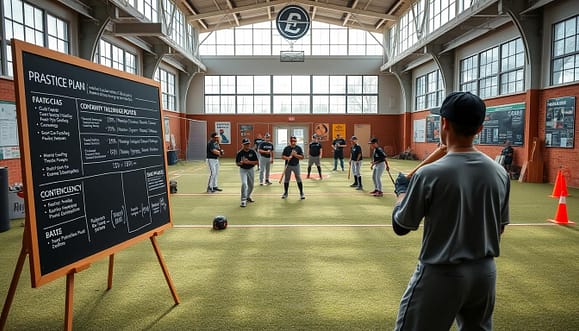 A spacious indoor baseball training facility, showcasing various practice plans and contingency planning materials prominently displayed on a large chalkboard at the forefront. In the middle ground, a group of youth baseball players in professional sports attire, engaged in drilling exercises with baseball bats and balls, surrounded by equipment like helmets, gloves, and cones. The background features large windows allowing natural light to flood the space, with posters illustrating safety protocols on walls. The atmosphere is energetic and focused, embodying a sense of teamwork and preparation. Use a wide-angle lens to capture the full depth of the facility, with bright, even lighting to highlight the details without harsh shadows. A spacious indoor baseball training facility, showcasing various practice plans and contingency planning materials prominently displayed on a large chalkboard at the forefront. In the middle ground, a group of youth baseball players in professional sports attire, engaged in drilling exercises with baseball bats and balls, surrounded by equipment like helmets, gloves, and cones. The background features large windows allowing natural light to flood the space, with posters illustrating safety protocols on walls. The atmosphere is energetic and focused, embodying a sense of teamwork and preparation. Use a wide-angle lens to capture the full depth of the facility, with bright, even lighting to highlight the details without harsh shadows.
