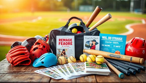 A vibrant and organized display of various coach pitch starter kit deals and bundles arranged on a rustic wooden table. In the foreground, showcase an array of essential equipment: brightly colored gloves, baseballs, and bats neatly arranged alongside a stack of brochures detailing pricing and local rental options. In the middle ground, include a sports bag filled with gear, partially open, revealing additional items like helmets and bases. The background features a softly blurred baseball field, hinting at an active sports environment. Above, warm natural lighting casts a cozy glow over the scene, creating an inviting atmosphere that conveys affordability and excitement for budding coaches. Capture the image at an eye-level angle to enhance accessibility, focusing on the details of the starter kits, emphasizing value and options available. A vibrant and organized display of various coach pitch starter kit deals and bundles arranged on a rustic wooden table. In the foreground, showcase an array of essential equipment: brightly colored gloves, baseballs, and bats neatly arranged alongside a stack of brochures detailing pricing and local rental options. In the middle ground, include a sports bag filled with gear, partially open, revealing additional items like helmets and bases. The background features a softly blurred baseball field, hinting at an active sports environment. Above, warm natural lighting casts a cozy glow over the scene, creating an inviting atmosphere that conveys affordability and excitement for budding coaches. Capture the image at an eye-level angle to enhance accessibility, focusing on the details of the starter kits, emphasizing value and options available.