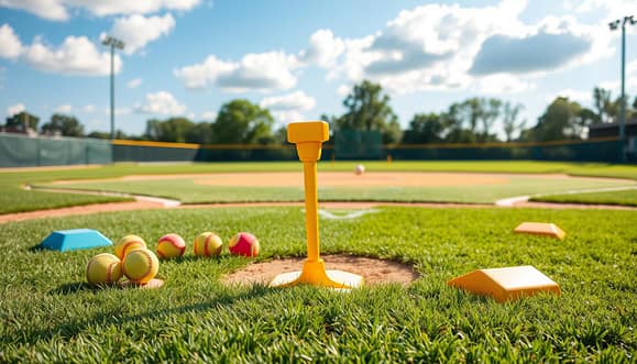 A vibrant and sunny T-ball field, showcasing essential team gear laid out neatly. In the foreground, a bright yellow batting tee stands prominently, accompanied by colorful low-compression balls scattered around. Off to the side, throw-down bases are arranged, their bright colors contrasting against the lush green grass. The middle ground captures a well-maintained baseball diamond, complete with a dirt infield and a freshly painted white chalk baseline. In the background, soft blue skies and fluffy white clouds add to the cheerful atmosphere. The scene is bathed in warm, natural sunlight, creating a friendly and inviting mood, inviting young players and their coaches to gather for practice. The angle is slightly elevated, providing a comprehensive view of the gear and field layout. A vibrant and sunny T-ball field, showcasing essential team gear laid out neatly. In the foreground, a bright yellow batting tee stands prominently, accompanied by colorful low-compression balls scattered around. Off to the side, throw-down bases are arranged, their bright colors contrasting against the lush green grass. The middle ground captures a well-maintained baseball diamond, complete with a dirt infield and a freshly painted white chalk baseline. In the background, soft blue skies and fluffy white clouds add to the cheerful atmosphere. The scene is bathed in warm, natural sunlight, creating a friendly and inviting mood, inviting young players and their coaches to gather for practice. The angle is slightly elevated, providing a comprehensive view of the gear and field layout.