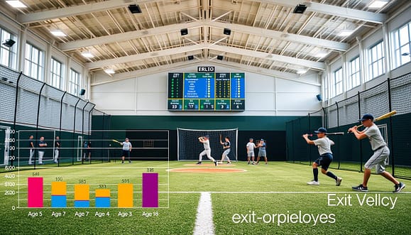 A visually engaging infographic depicting "exit velocity age-appropriate metrics." In the foreground, a series of charts are organizing exit velocity data categorized by age groups, each represented with vivid colors and symbols for clarity. The middle ground features dynamic action shots of young athletes (ages 8 to 18) in modest sports attire, demonstrating their techniques, with baseballs and bats present. The background is a modern indoor sports facility, showcasing a well-lit practice area with clear, high ceilings, and a digital scoreboard displaying various metrics. The lighting should be bright and sporty, casting subtle shadows to emphasize activity and focus. The atmosphere is energetic, motivating, and informative, perfectly illustrating the competitive nature of indoor practice. A visually engaging infographic depicting "exit velocity age-appropriate metrics." In the foreground, a series of charts are organizing exit velocity data categorized by age groups, each represented with vivid colors and symbols for clarity. The middle ground features dynamic action shots of young athletes (ages 8 to 18) in modest sports attire, demonstrating their techniques, with baseballs and bats present. The background is a modern indoor sports facility, showcasing a well-lit practice area with clear, high ceilings, and a digital scoreboard displaying various metrics. The lighting should be bright and sporty, casting subtle shadows to emphasize activity and focus. The atmosphere is energetic, motivating, and informative, perfectly illustrating the competitive nature of indoor practice.
