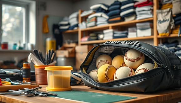 A well-lit workshop scene focused on maintaining essential coach pitch equipment. In the foreground, a detailed arrangement of items including a small toolkit with wrenches and scissors, a spool of strong nylon laces, and a container of mesh netting. The middle ground features a partially open zipper bag displaying baseballs and gloves, showcasing signs of light wear. In the background, shelves filled with neatly organized supplies, such as extra zippers and patches. The atmosphere is productive and organized, with natural daylight filtering through a window, creating a warm and inviting space. The image captures the essence of care and maintenance, emphasizing the longevity of sports equipment. A well-lit workshop scene focused on maintaining essential coach pitch equipment. In the foreground, a detailed arrangement of items including a small toolkit with wrenches and scissors, a spool of strong nylon laces, and a container of mesh netting. The middle ground features a partially open zipper bag displaying baseballs and gloves, showcasing signs of light wear. In the background, shelves filled with neatly organized supplies, such as extra zippers and patches. The atmosphere is productive and organized, with natural daylight filtering through a window, creating a warm and inviting space. The image captures the essence of care and maintenance, emphasizing the longevity of sports equipment.