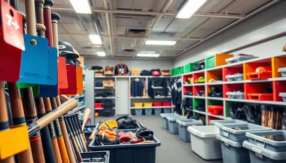 A well-organized equipment storage area for a baseball team, featuring an array of color-coded labeling systems. In the foreground, distinct labeling tags in vibrant colors such as red, blue, and green are clearly attached to various sports equipment, including bats, balls, gloves, and uniforms. The middle ground displays neatly arranged shelves and bins, sectioned off by color-coded dividers that indicate each category of equipment. The background reveals a spacious storage room illuminated by bright fluorescent lights, casting a clean, organized atmosphere. The camera angle is slightly elevated, offering a comprehensive view of the entire setup. Overall, the image conveys a sense of efficiency and professionalism, showcasing a methodical approach to equipment transport and storage. A well-organized equipment storage area for a baseball team, featuring an array of color-coded labeling systems. In the foreground, distinct labeling tags in vibrant colors such as red, blue, and green are clearly attached to various sports equipment, including bats, balls, gloves, and uniforms. The middle ground displays neatly arranged shelves and bins, sectioned off by color-coded dividers that indicate each category of equipment. The background reveals a spacious storage room illuminated by bright fluorescent lights, casting a clean, organized atmosphere. The camera angle is slightly elevated, offering a comprehensive view of the entire setup. Overall, the image conveys a sense of efficiency and professionalism, showcasing a methodical approach to equipment transport and storage.