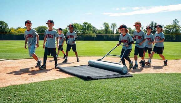 A youth baseball field in pristine condition, showcasing infield maintenance techniques. In the foreground, a team of diverse young players, dressed in matching jerseys and modest athletic wear, operates a drag mat over the freshly raked infield. Their expressions reflect focus and teamwork. The middle ground features a well-maintained baseball diamond, with carefully defined base paths and a vibrant green outfield. The background reveals a bright blue sky, with soft, diffused sunlight casting gentle shadows, creating an inviting and energetic atmosphere. The angle captures the action slightly from above, emphasizing the technique and movement as the drag mat smooths the infield. The overall mood is one of dedication and professionalism in youth sports. A youth baseball field in pristine condition, showcasing infield maintenance techniques. In the foreground, a team of diverse young players, dressed in matching jerseys and modest athletic wear, operates a drag mat over the freshly raked infield. Their expressions reflect focus and teamwork. The middle ground features a well-maintained baseball diamond, with carefully defined base paths and a vibrant green outfield. The background reveals a bright blue sky, with soft, diffused sunlight casting gentle shadows, creating an inviting and energetic atmosphere. The angle captures the action slightly from above, emphasizing the technique and movement as the drag mat smooths the infield. The overall mood is one of dedication and professionalism in youth sports.