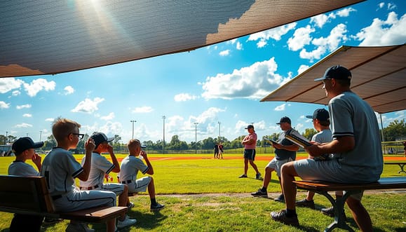 A youth baseball field under the intense sun during a summer day, with a focus on young players in modest athletic gear taking a rest break under a shaded area. In the foreground, a few players are sitting on a bench, drinking water and wiping sweat from their foreheads, showing signs of heat stress management. In the middle ground, coaches are discussing adjustments to practice schedules with clipboards in hand, set against a vibrant green field with a baseball diamond. In the background, a bright blue sky is partly cloudy, hinting at changing weather conditions. The lighting is warm and bright, capturing the essence of a hot summer day, aiming to evoke a sense of awareness and safety in youth sports. A youth baseball field under the intense sun during a summer day, with a focus on young players in modest athletic gear taking a rest break under a shaded area. In the foreground, a few players are sitting on a bench, drinking water and wiping sweat from their foreheads, showing signs of heat stress management. In the middle ground, coaches are discussing adjustments to practice schedules with clipboards in hand, set against a vibrant green field with a baseball diamond. In the background, a bright blue sky is partly cloudy, hinting at changing weather conditions. The lighting is warm and bright, capturing the essence of a hot summer day, aiming to evoke a sense of awareness and safety in youth sports.