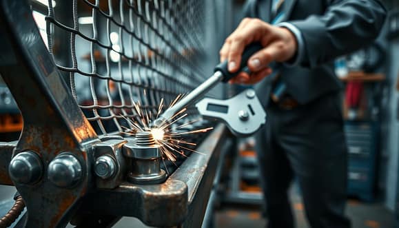 Close-up view of a detailed weld inspection on a baseball screen frame, showcasing intricate metal joints and fasteners. The image features a worker in professional business attire, using a torque wrench to check fasteners, emphasizing safety and precision. The foreground highlights shiny welds with sparks and metallic sheen, while the middle ground includes the hand of the inspector gripping the wrench. In the background, a well-lit workshop environment with tools neatly organized, providing a sense of order and professionalism. Soft, natural lighting enhances the metallic textures and reflections, casting subtle shadows and creating a focused, serious atmosphere that emphasizes the importance of inspection and maintenance in safety compliance. Close-up view of a detailed weld inspection on a baseball screen frame, showcasing intricate metal joints and fasteners. The image features a worker in professional business attire, using a torque wrench to check fasteners, emphasizing safety and precision. The foreground highlights shiny welds with sparks and metallic sheen, while the middle ground includes the hand of the inspector gripping the wrench. In the background, a well-lit workshop environment with tools neatly organized, providing a sense of order and professionalism. Soft, natural lighting enhances the metallic textures and reflections, casting subtle shadows and creating a focused, serious atmosphere that emphasizes the importance of inspection and maintenance in safety compliance.