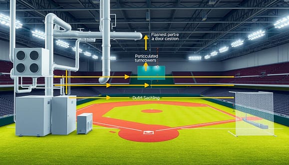 Create a detailed HVAC system diagram illustrating the ventilation setup for an indoor sports facility, specifically for a baseball environment. In the foreground, display the main components such as air handling units, ductwork, and filters, clearly labeled for easy understanding. In the middle, visualize air flow pathways with arrows indicating circulation and turnover rates, alongside particulate control mechanisms for dust and pellet management. In the background, depict the layout of the indoor baseball field, showing how the HVAC system integrates with the overall facility design. Use bright, logical colors to convey functionality, with clear lines and a technical drawing style. Ensure the lighting is even and consistent, highlighting the complexity of the ventilation design without distractions. The atmosphere should be professional and informative, suitable for educational purposes. Create a detailed HVAC system diagram illustrating the ventilation setup for an indoor sports facility, specifically for a baseball environment. In the foreground, display the main components such as air handling units, ductwork, and filters, clearly labeled for easy understanding. In the middle, visualize air flow pathways with arrows indicating circulation and turnover rates, alongside particulate control mechanisms for dust and pellet management. In the background, depict the layout of the indoor baseball field, showing how the HVAC system integrates with the overall facility design. Use bright, logical colors to convey functionality, with clear lines and a technical drawing style. Ensure the lighting is even and consistent, highlighting the complexity of the ventilation design without distractions. The atmosphere should be professional and informative, suitable for educational purposes.