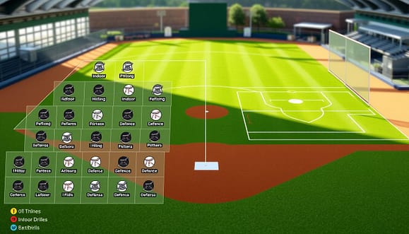 Create a visually engaging baseball drill selection map that illustrates various drills suitable for indoor and outdoor practice. In the foreground, depict a well-organized layout of the drills, such as hitting, pitching, and defense, represented through icons or symbols. The middle section should showcase a divided space, highlighting an indoor facility with specific indoor drills, while the outdoor section features lush green fields and outdoor drills. In the background, include faint outlines of a baseball field and indoor training facility to provide context. Use bright, natural lighting to evoke an energetic and motivating atmosphere. The image should be clear and visually appealing, with a focus on functionality and clarity, suitable for educational use without any text or watermarks. Create a visually engaging baseball drill selection map that illustrates various drills suitable for indoor and outdoor practice. In the foreground, depict a well-organized layout of the drills, such as hitting, pitching, and defense, represented through icons or symbols. The middle section should showcase a divided space, highlighting an indoor facility with specific indoor drills, while the outdoor section features lush green fields and outdoor drills. In the background, include faint outlines of a baseball field and indoor training facility to provide context. Use bright, natural lighting to evoke an energetic and motivating atmosphere. The image should be clear and visually appealing, with a focus on functionality and clarity, suitable for educational use without any text or watermarks.