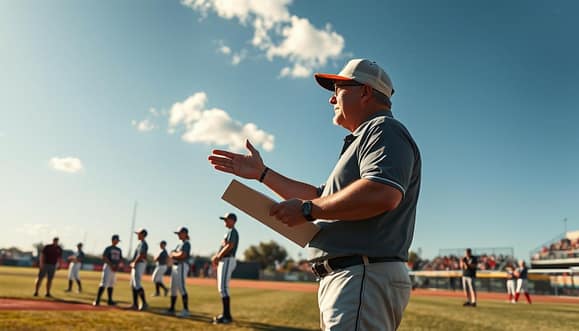 A baseball coach actively positioning players on a sunny Texas field during a showcase event. In the foreground, the coach, wearing a professional baseball cap and a polo shirt, gestures towards players with a clipboard in hand, demonstrating clear communication and engagement. The middle section depicts young athletes in baseball uniforms, focused and in various stances, ready for instructions, while practicing drills. The background showcases a vibrant blue sky with a few scattered clouds, and distant baseball fields, along with spectators cheering softly. The scene is lit with warm, natural sunlight, creating a positive and energetic atmosphere. Captured with a slight low-angle perspective to emphasize the coach's leadership role and the players’ attentiveness, evoking a sense of enthusiasm and teamwork. A baseball coach actively positioning players on a sunny Texas field during a showcase event. In the foreground, the coach, wearing a professional baseball cap and a polo shirt, gestures towards players with a clipboard in hand, demonstrating clear communication and engagement. The middle section depicts young athletes in baseball uniforms, focused and in various stances, ready for instructions, while practicing drills. The background showcases a vibrant blue sky with a few scattered clouds, and distant baseball fields, along with spectators cheering softly. The scene is lit with warm, natural sunlight, creating a positive and energetic atmosphere. Captured with a slight low-angle perspective to emphasize the coach's leadership role and the players’ attentiveness, evoking a sense of enthusiasm and teamwork.