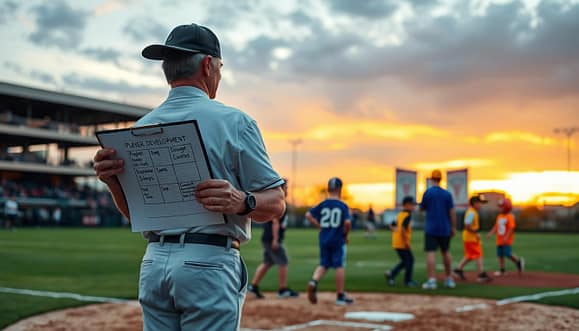 A baseball field at sunset, focusing on a determined youth baseball coach in professional attire, holding a clipboard with player development goals sketched out. In the foreground, a small group of young players, wearing brightly colored jerseys, are practicing fielding drills with enthusiasm. The middle ground features a baseball diamond, with bases clearly visible, while parents watch from the sidelines, creating an encouraging atmosphere. The background showcases a beautiful Texas skyline, illuminated by the warm glow of the setting sun. The lighting should be soft and dramatic, capturing the hopeful mood of growth and teamwork, with a slight depth of field blur to emphasize the players and coach in action.