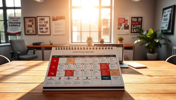 A detailed and visually engaging 12-month coaching development calendar on a wooden desk, with a backdrop of a modern office featuring large windows letting in warm afternoon sunlight. In the foreground, the calendar, printed on high-quality paper, showcases vibrant colors and icons representing various coaching clinics and workshops throughout the year. In the middle ground, a neatly organized planner and a laptop display recent coaching articles. The background includes motivational posters on the walls and a plant for a touch of greenery. The mood is professional and inspiring, aimed at fostering teamwork and development among coaching staff. The lighting creates a hopeful and productive atmosphere, ideal for planning and growth. A detailed and visually engaging 12-month coaching development calendar on a wooden desk, with a backdrop of a modern office featuring large windows letting in warm afternoon sunlight. In the foreground, the calendar, printed on high-quality paper, showcases vibrant colors and icons representing various coaching clinics and workshops throughout the year. In the middle ground, a neatly organized planner and a laptop display recent coaching articles. The background includes motivational posters on the walls and a plant for a touch of greenery. The mood is professional and inspiring, aimed at fostering teamwork and development among coaching staff. The lighting creates a hopeful and productive atmosphere, ideal for planning and growth.