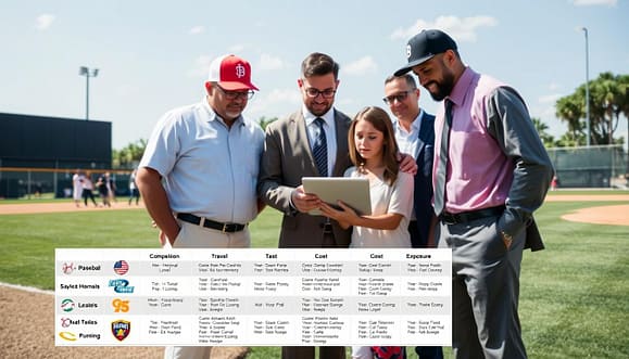 A detailed and visually engaging selection matrix for youth baseball tournament events in Texas, prominently featuring sections for Competition Level, Travel, Cost, and Exposure. In the foreground, a well-organized matrix with colorful icons representing various tournaments, alongside visuals of baseballs and bats. The middle ground should depict a diverse group of coaches in professional attire, engaged in discussion and analysis of these criteria over a digital tablet. The background features a baseball field, under a bright, sunny sky suggesting enthusiasm and optimism. Soft, natural lighting enhances the vibrant colors of the matrix and the coaches’ focused expressions. The atmosphere is collaborative and professional, reflecting the importance of careful decision-making in selecting the best travel ball events.