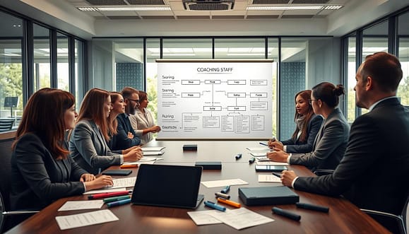 A detailed coaching staff communication plan visualized in a modern office setting. In the foreground, a diverse group of coaches, including women and men of various ethnicities, dressed in professional business attire, engage in thoughtful discussion around a large conference table strewn with notes, markers, and a digital tablet. In the middle ground, a whiteboard displays an organized flowchart showing roles and scoring rubrics, illuminated by soft overhead lighting. In the background, large windows reveal a sunny day outside, enhancing the mood of collaboration and planning. The overall atmosphere is one of focused teamwork and professionalism, utilizing a wide-angle lens to capture the dynamic environment. A detailed coaching staff communication plan visualized in a modern office setting. In the foreground, a diverse group of coaches, including women and men of various ethnicities, dressed in professional business attire, engage in thoughtful discussion around a large conference table strewn with notes, markers, and a digital tablet. In the middle ground, a whiteboard displays an organized flowchart showing roles and scoring rubrics, illuminated by soft overhead lighting. In the background, large windows reveal a sunny day outside, enhancing the mood of collaboration and planning. The overall atmosphere is one of focused teamwork and professionalism, utilizing a wide-angle lens to capture the dynamic environment.