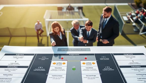 A detailed umpire coordination diagram illustrating assignments and briefings at a sports event. In the foreground, highlight a well-organized chart with clear designations for various roles, with symbols for umpires and volunteers, each marked with colors and arrows showing their positions on the field. In the middle ground, incorporate a staff briefing scene, where figures in professional business attire are engaged in discussion, pointing at the diagram with focused expressions. In the background, softly blurred, depict a sports field setup ready for a jamboree, with goalposts and a few spectators. Use natural daylight to create a bright, energetic atmosphere, capturing the excitement of sports training. The angle should provide a top-down overview of the diagram and the briefing scene.