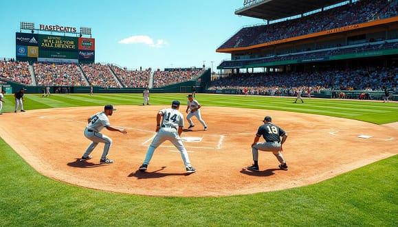 A dynamic baseball field scene showcasing an All-Star team's defensive set pieces for various situations. In the foreground, players are perfectly positioned for a pickoff play, with the first baseman leaning forward in anticipation. The middle ground features a coach animatedly demonstrating a bunt defense setup, while a group of players is positioned strategically for cutoffs and relays. The background shows a bright stadium filled with vibrant colors, under an afternoon sun that casts long shadows across the diamond. Employ a wide-angle lens to capture the intensity of the moment, highlighting the players' focused expressions. The atmosphere is competitive yet collaborative, embodying the spirit of teamwork and strategy in baseball. No text, watermarks, or signatures present. A dynamic baseball field scene showcasing an All-Star team's defensive set pieces for various situations. In the foreground, players are perfectly positioned for a pickoff play, with the first baseman leaning forward in anticipation. The middle ground features a coach animatedly demonstrating a bunt defense setup, while a group of players is positioned strategically for cutoffs and relays. The background shows a bright stadium filled with vibrant colors, under an afternoon sun that casts long shadows across the diamond. Employ a wide-angle lens to capture the intensity of the moment, highlighting the players' focused expressions. The atmosphere is competitive yet collaborative, embodying the spirit of teamwork and strategy in baseball. No text, watermarks, or signatures present.