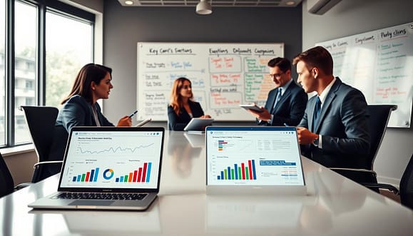 A professional setting focused on "pitching clinic evaluation metrics," featuring a modern conference room. In the foreground, a sleek table with a laptop displaying graphs and charts related to clinic ROI metrics. The middle ground showcases individuals in professional business attire engaged in deep discussion, holding notepads and pens, analyzing the metrics on the screen. The background includes a large whiteboard filled with colorful markers outlining key performance indicators and outcomes. Soft, natural lighting filters in through large windows, creating a warm atmosphere conducive to collaboration. The scene conveys a mood of focused analysis and teamwork, emphasizing the importance of evaluating coaching clinic performance effectively. The angle should highlight both the engaged participants and the informative visuals presented. A professional setting focused on "pitching clinic evaluation metrics," featuring a modern conference room. In the foreground, a sleek table with a laptop displaying graphs and charts related to clinic ROI metrics. The middle ground showcases individuals in professional business attire engaged in deep discussion, holding notepads and pens, analyzing the metrics on the screen. The background includes a large whiteboard filled with colorful markers outlining key performance indicators and outcomes. Soft, natural lighting filters in through large windows, creating a warm atmosphere conducive to collaboration. The scene conveys a mood of focused analysis and teamwork, emphasizing the importance of evaluating coaching clinic performance effectively. The angle should highlight both the engaged participants and the informative visuals presented.