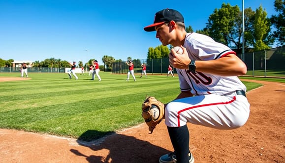 A scene depicting a "catcher pop time warm-up drill" during a training session. In the foreground, a young athlete wearing a professional baseball uniform is crouching in a catching stance, focusing intently on a coach who is demonstrating the drill. The coach, dressed in a smart casual outfit, holds a baseball while directing the player's movements. In the middle ground, additional players can be seen practicing their throws, showcasing their precise techniques and team spirit. The background captures a well-maintained baseball field under bright, natural sunlight, with a clear blue sky above. The atmosphere is energetic and focused, highlighting the intensity of training. The image should reflect a dynamic perspective, possibly from a low-angle shot to emphasize the action and commitment of the athletes. A scene depicting a "catcher pop time warm-up drill" during a training session. In the foreground, a young athlete wearing a professional baseball uniform is crouching in a catching stance, focusing intently on a coach who is demonstrating the drill. The coach, dressed in a smart casual outfit, holds a baseball while directing the player's movements. In the middle ground, additional players can be seen practicing their throws, showcasing their precise techniques and team spirit. The background captures a well-maintained baseball field under bright, natural sunlight, with a clear blue sky above. The atmosphere is energetic and focused, highlighting the intensity of training. The image should reflect a dynamic perspective, possibly from a low-angle shot to emphasize the action and commitment of the athletes.