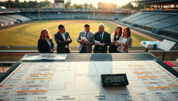 A detailed and organized planning board for a Hitting Derbies and Contact Challenges event, prominently featuring a colorful bracket layout with team names and matchups. The foreground showcases dynamic charts and notes on strategy and timekeeping methods, with a timer in a clear view. In the middle ground, a group of diverse people in business casual attire are engaged in discussion, reviewing data reports and adjusting the brackets, exuding a collaborative atmosphere. The background features a sports field with subtle lighting that resembles late afternoon sun, casting long shadows. The mood is energetic and focused, fostering a sense of excitement and professionalism as participants prepare for the event. The image composition should have a slight overhead angle, capturing the entire scene effectively. A detailed and organized planning board for a Hitting Derbies and Contact Challenges event, prominently featuring a colorful bracket layout with team names and matchups. The foreground showcases dynamic charts and notes on strategy and timekeeping methods, with a timer in a clear view. In the middle ground, a group of diverse people in business casual attire are engaged in discussion, reviewing data reports and adjusting the brackets, exuding a collaborative atmosphere. The background features a sports field with subtle lighting that resembles late afternoon sun, casting long shadows. The mood is energetic and focused, fostering a sense of excitement and professionalism as participants prepare for the event. The image composition should have a slight overhead angle, capturing the entire scene effectively.