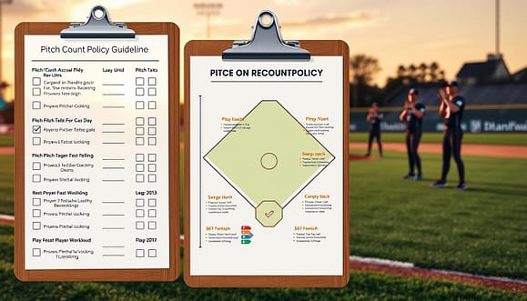 A detailed illustration of a pitch count policy guideline chart, set against a serene baseball field background during a golden hour sunset. In the foreground, a wooden clipboard features a neatly organized list of pitch/catch limits and recommended rest days, with checkboxes and bullet points in clear, readable fonts. The middle section showcases an outline of a baseball diamond with visual indicators for different player workloads, marked with soft, colorful infographics. In the background, players in professional athletic gear engage in a warm-up routine, highlighting the importance of workload management. The atmosphere is focused and professional, with warm lighting casting gentle shadows, evoking a sense of health and safety in sports. A detailed illustration of a pitch count policy guideline chart, set against a serene baseball field background during a golden hour sunset. In the foreground, a wooden clipboard features a neatly organized list of pitch/catch limits and recommended rest days, with checkboxes and bullet points in clear, readable fonts. The middle section showcases an outline of a baseball diamond with visual indicators for different player workloads, marked with soft, colorful infographics. In the background, players in professional athletic gear engage in a warm-up routine, highlighting the importance of workload management. The atmosphere is focused and professional, with warm lighting casting gentle shadows, evoking a sense of health and safety in sports.