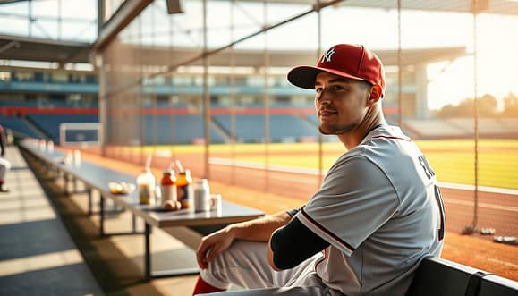 A detailed scene of a pitcher recovering after a throwing session, showcasing the icing protocol in a bright, well-lit training facility. In the foreground, a young adult male pitcher is sitting on a bench, wearing a professional baseball uniform and icing his shoulder with an ice pack, displaying a look of relief and focus. In the middle ground, a stretching mat and various nutrition items like protein shakes and fruits are neatly arranged, emphasizing the recovery aspect. The background features a blurred baseball field with a clear sky, bathed in warm sunlight, creating an optimistic and rejuvenating atmosphere. Capture the mood of dedication and recovery with natural colors and soft shadows for a realistic look. A detailed scene of a pitcher recovering after a throwing session, showcasing the icing protocol in a bright, well-lit training facility. In the foreground, a young adult male pitcher is sitting on a bench, wearing a professional baseball uniform and icing his shoulder with an ice pack, displaying a look of relief and focus. In the middle ground, a stretching mat and various nutrition items like protein shakes and fruits are neatly arranged, emphasizing the recovery aspect. The background features a blurred baseball field with a clear sky, bathed in warm sunlight, creating an optimistic and rejuvenating atmosphere. Capture the mood of dedication and recovery with natural colors and soft shadows for a realistic look.