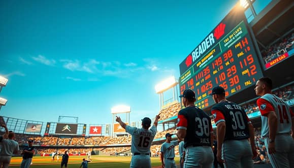 A dynamic live baseball scoreboard leaderboard displayed prominently in the foreground, featuring a digital design with bright, vivid colors showing scores of various teams in a competitive setting. In the middle ground, athletes in professional sports attire are engaging with the leaderboard, pointing and discussing strategies, creating a sense of excitement and teamwork. The background captures a bustling sports venue with cheering fans, bright stadium lights illuminating the scene, and a clear blue sky visible above. The camera angle is slightly angled up to create depth, emphasizing the energy of the event. The overall mood is lively and competitive, showcasing athlete engagement and the thrill of live sports. A dynamic live baseball scoreboard leaderboard displayed prominently in the foreground, featuring a digital design with bright, vivid colors showing scores of various teams in a competitive setting. In the middle ground, athletes in professional sports attire are engaging with the leaderboard, pointing and discussing strategies, creating a sense of excitement and teamwork. The background captures a bustling sports venue with cheering fans, bright stadium lights illuminating the scene, and a clear blue sky visible above. The camera angle is slightly angled up to create depth, emphasizing the energy of the event. The overall mood is lively and competitive, showcasing athlete engagement and the thrill of live sports.