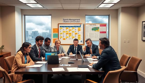 A well-organized office space dedicated to sports management, featuring a large table covered with documents related to rainout policies and weather communication. In the foreground, a diverse group of professionals in business attire sits around the table, discussing a weather forecast on a laptop with serious expressions. In the middle, a bulletin board displays colorful charts and diagrams illustrating rainout guidelines alongside a calendar marked with game dates. In the background, a window showcases dark clouds and rain falling outside, subtly hinting at weather concerns. Soft, diffused lighting brightens the room, creating a focused yet approachable atmosphere. The overall mood conveys collaboration, professionalism, and the importance of effective communication in sports planning. A well-organized office space dedicated to sports management, featuring a large table covered with documents related to rainout policies and weather communication. In the foreground, a diverse group of professionals in business attire sits around the table, discussing a weather forecast on a laptop with serious expressions. In the middle, a bulletin board displays colorful charts and diagrams illustrating rainout guidelines alongside a calendar marked with game dates. In the background, a window showcases dark clouds and rain falling outside, subtly hinting at weather concerns. Soft, diffused lighting brightens the room, creating a focused yet approachable atmosphere. The overall mood conveys collaboration, professionalism, and the importance of effective communication in sports planning.
