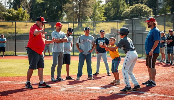 A baseball coaching scene capturing the essence of teaching skill basics like throwing, fielding, and hitting. In the foreground, a diverse group of adult volunteer coaches, dressed in modest casual clothing, actively demonstrate techniques with enthusiasm and clarity. One coach illustrates the proper throwing motion, while another provides fielding cues, engaging with a young player who practices catching a baseball. The middle ground features a vibrant baseball diamond bathed in warm, natural sunlight, with colorful bases and a hydrated field. In the background, a few parents observe attentively from the sidelines, creating a supportive atmosphere. The image conveys a sense of teamwork, learning, and joy in the sport, encapsulating the foundational elements of baseball coaching for beginners.